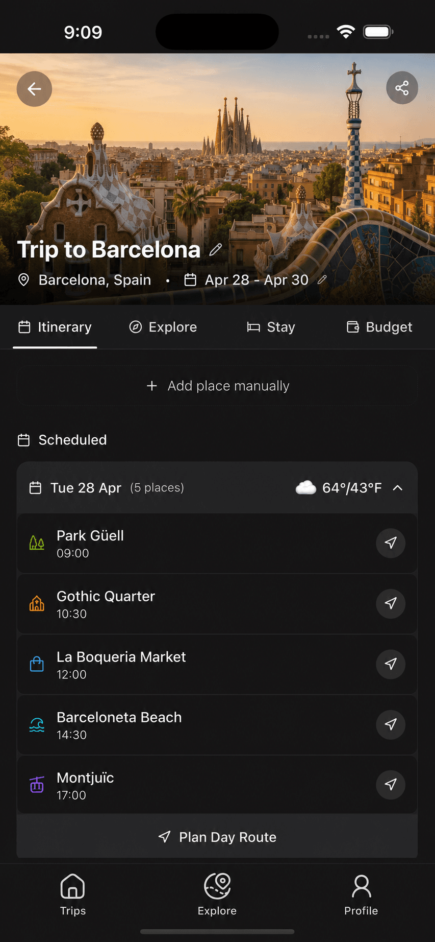 Polo travel planning app showing a detailed Barcelona itinerary with timed stops and route planning