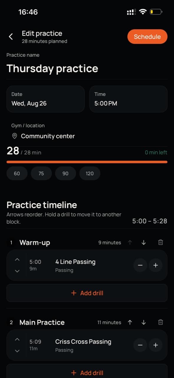Elevate practice editor showing a Thursday practice plan with timed drills