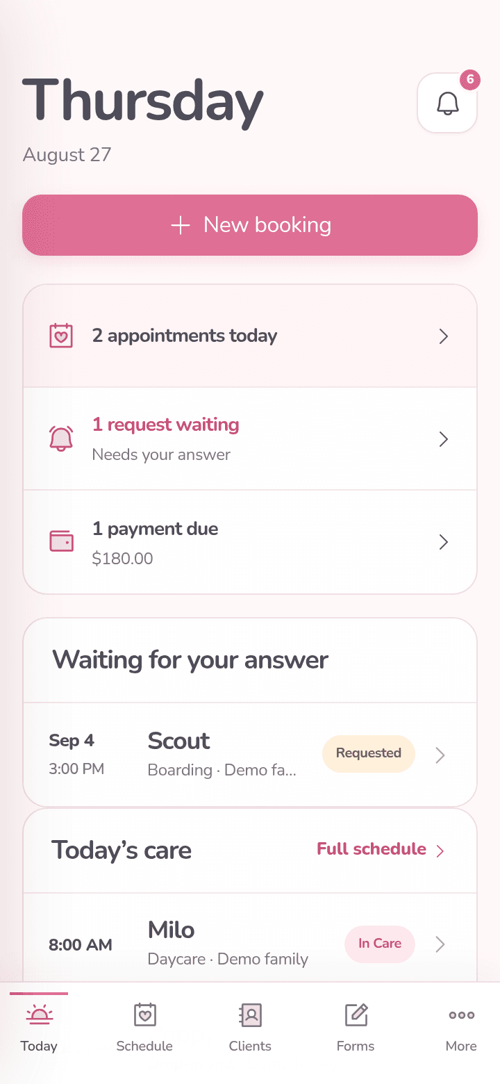 Happy Paws team workspace populated with synthetic bookings, pets, payments, and reminders