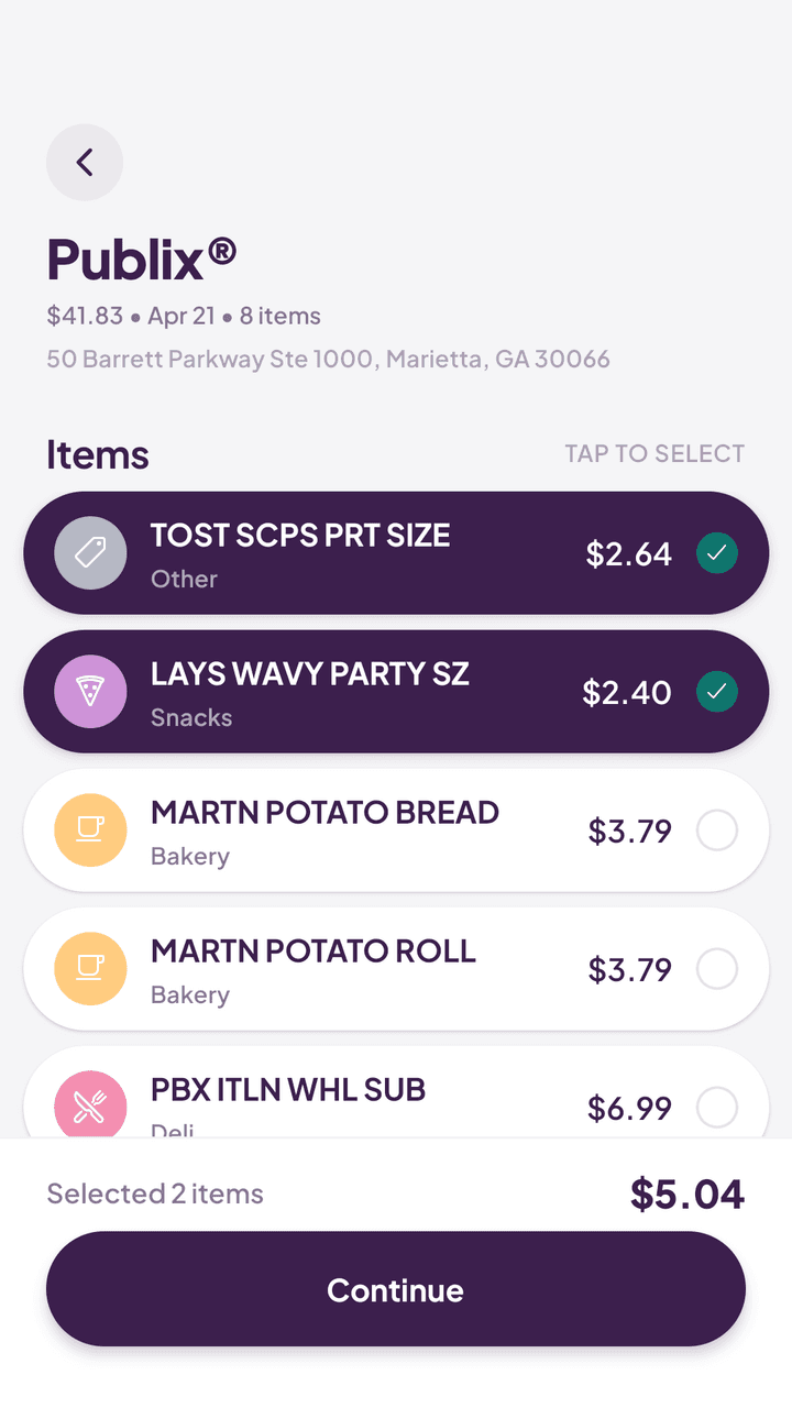 iowe item claim screen showing a scanned receipt split into individual items