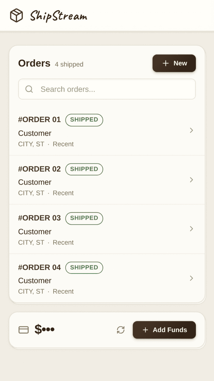 ShipStream fulfillment dashboard with customer details redacted